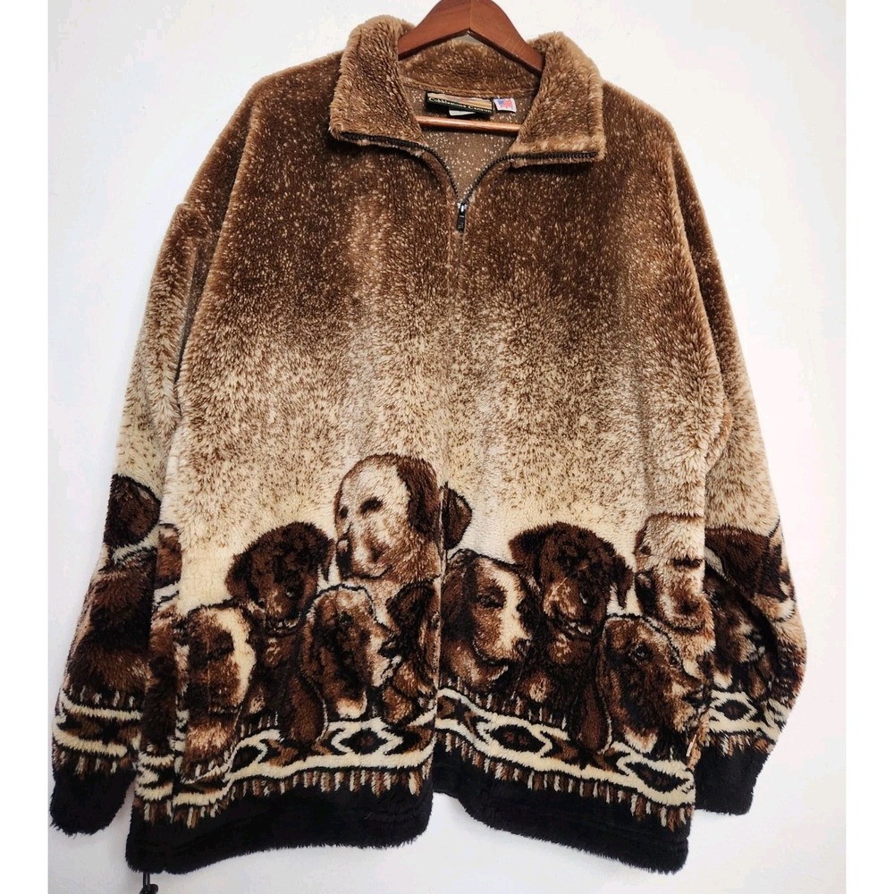 Vintage 90s Puppy Dog Fleece Jacket XL Grandmacore Cabincore Western Full Zip